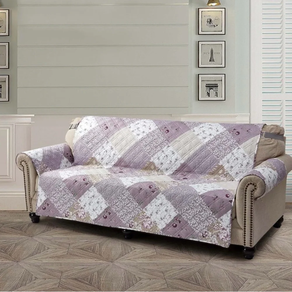 Brilliant Sunshine Lilac And Beige Rose Patchwork Couch Cover, Quilted